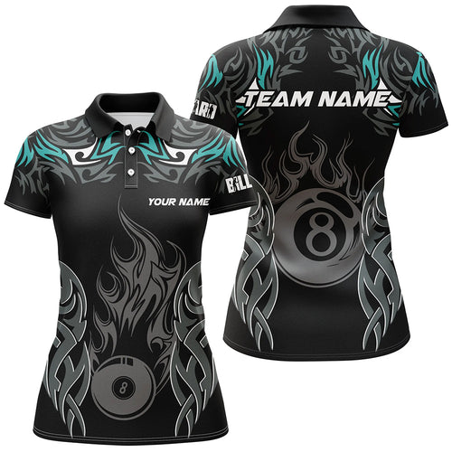 Personalized Billiard Tournament Jersey For Women, 8 Ball Fire Flame Billiard Team Shirts |Turquoise TDM2336