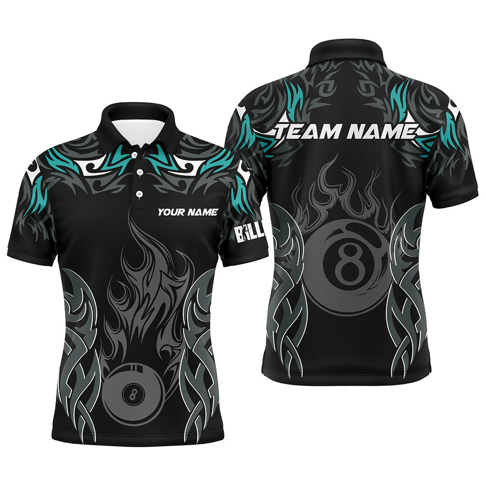 Personalized Billiard Tournament Jersey For Men, 8 Ball Fire Flame Billiard Team Shirts |Turquoise TDM2336