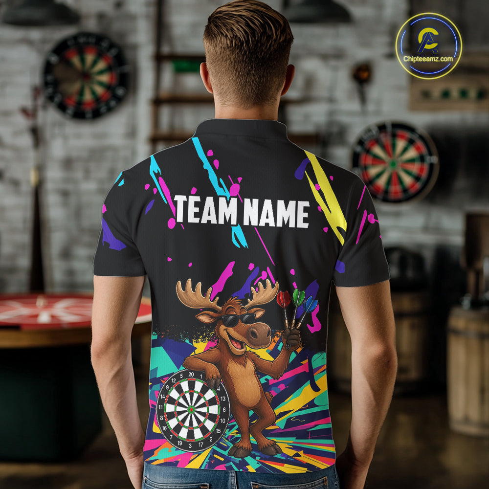Colorful Funny Moose Darts Shirts For Men Cusom Darts Team Jersey Polo & Quarter Zip, Darts Gifts TDM7354