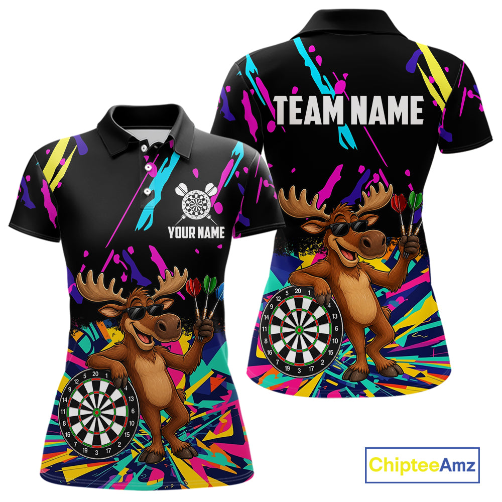 Colorful Funny Moose Darts Shirts For Women Cusom Darts Team Jersey Polo & Quarter Zip, Darts Gifts TDM7354