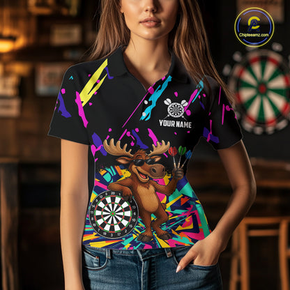 Colorful Funny Moose Darts Shirts For Women Cusom Darts Team Jersey Polo & Quarter Zip, Darts Gifts TDM7354