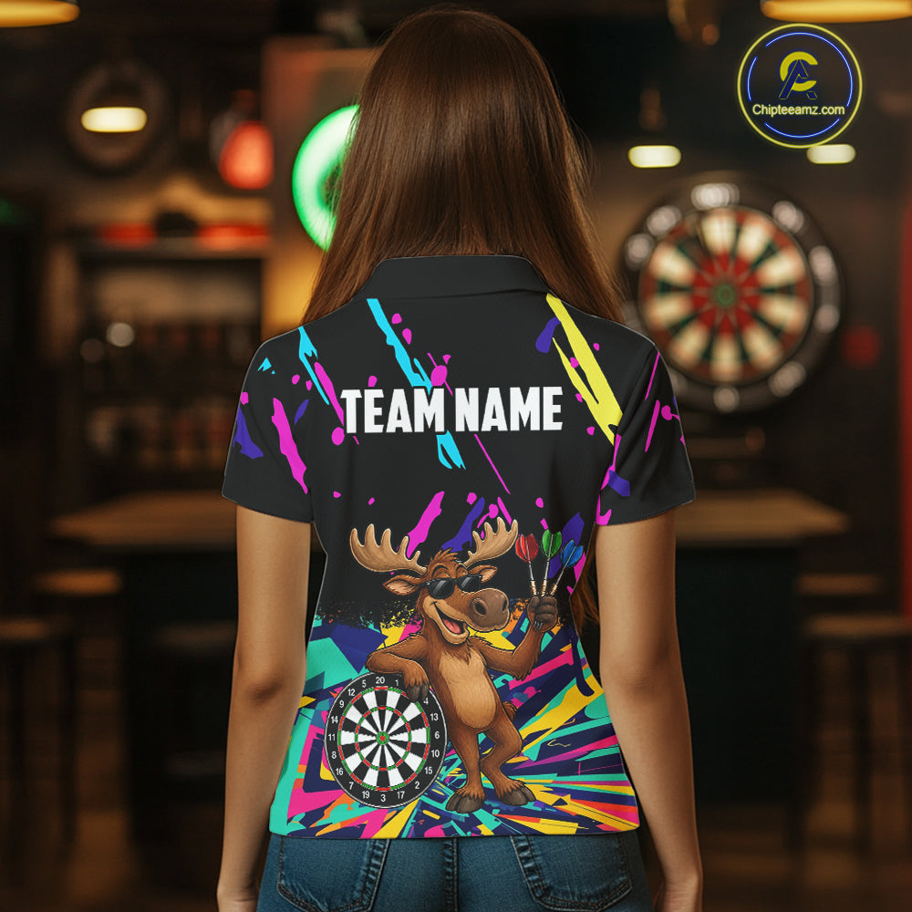 Colorful Funny Moose Darts Shirts For Women Cusom Darts Team Jersey Polo & Quarter Zip, Darts Gifts TDM7354