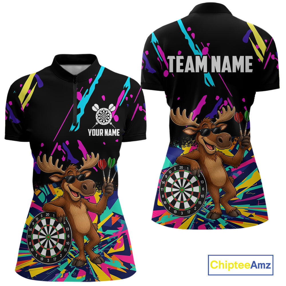 Colorful Funny Moose Darts Shirts For Women Cusom Darts Team Jersey Polo & Quarter Zip, Darts Gifts TDM7354