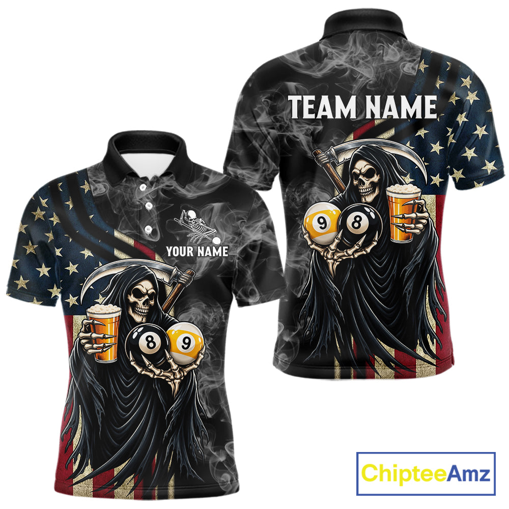 US Flag Grim Reaper Smoke Beer Billiard Shirt For Men Custom 8 Ball & 9 Ball Pool Team Jersey TDM7988