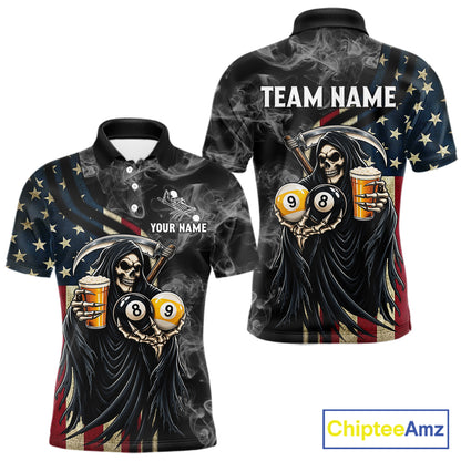 US Flag Grim Reaper Smoke Beer Billiard Shirt For Men Custom 8 Ball & 9 Ball Pool Team Jersey TDM7988