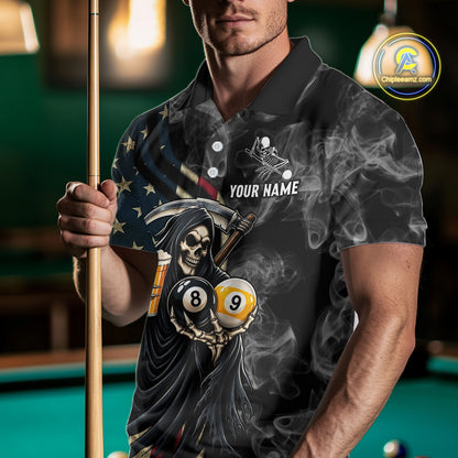 US Flag Grim Reaper Smoke Beer Billiard Shirt For Men Custom 8 Ball & 9 Ball Pool Team Jersey TDM7988