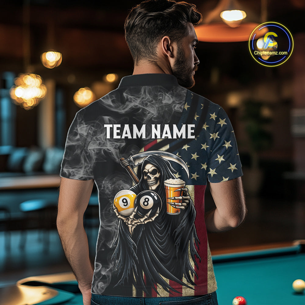 US Flag Grim Reaper Smoke Beer Billiard Shirt For Men Custom 8 Ball & 9 Ball Pool Team Jersey TDM7988