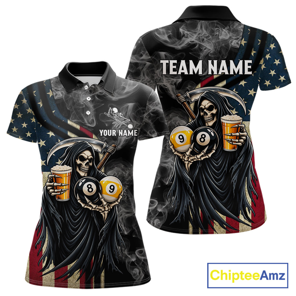 US Flag Grim Reaper Smoke Beer Billiard Shirt For Women Custom 8 Ball & 9 Ball Pool Team Jersey TDM7988