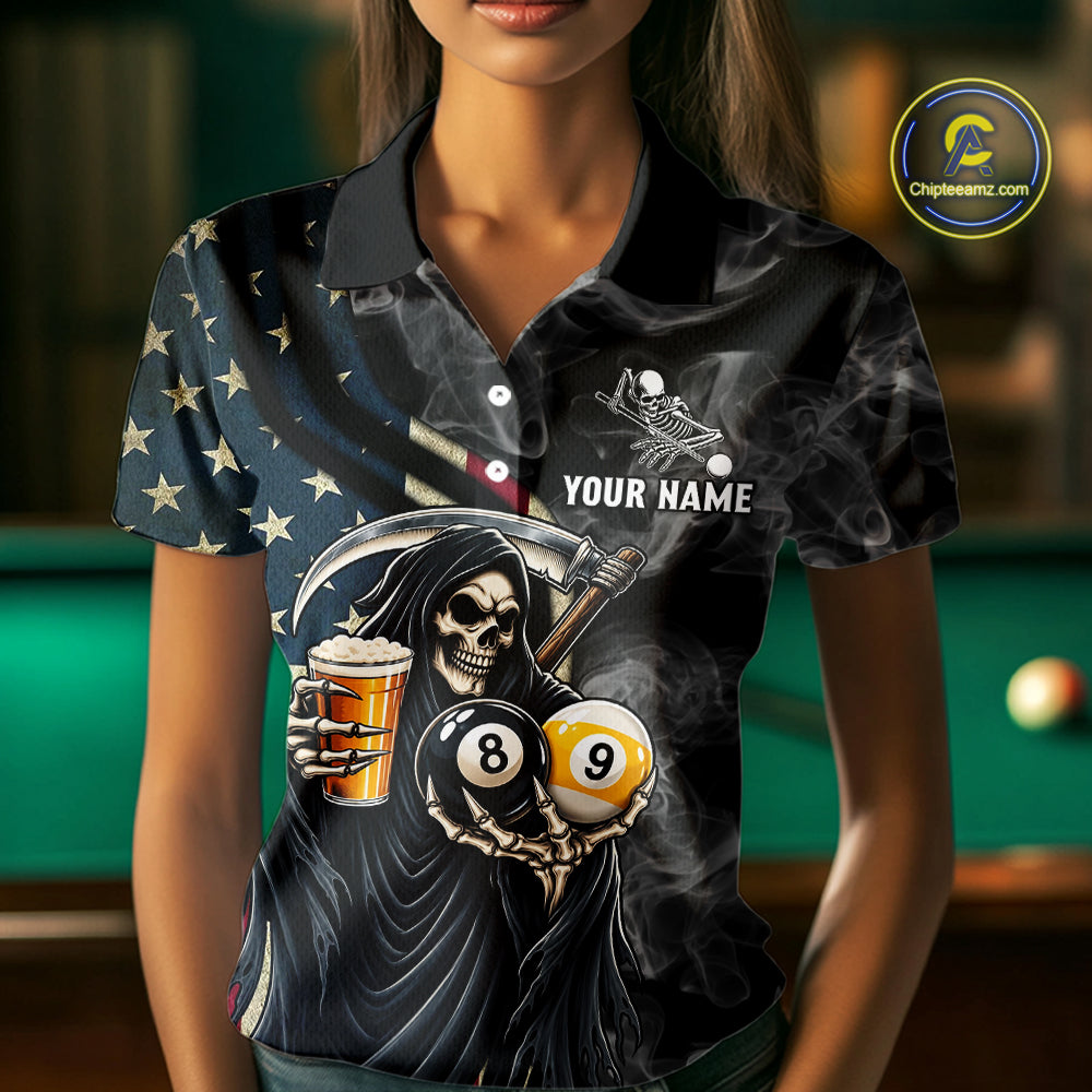 US Flag Grim Reaper Smoke Beer Billiard Shirt For Women Custom 8 Ball & 9 Ball Pool Team Jersey TDM7988