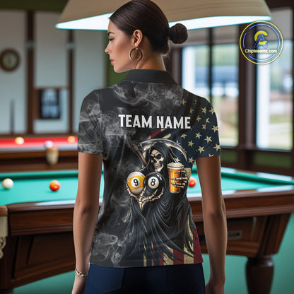 US Flag Grim Reaper Smoke Beer Billiard Shirt For Women Custom 8 Ball & 9 Ball Pool Team Jersey TDM7988