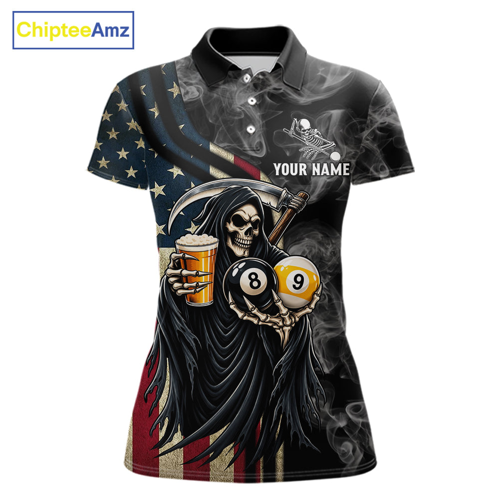 US Flag Grim Reaper Smoke Beer Billiard Shirt For Women Custom 8 Ball & 9 Ball Pool Team Jersey TDM7988
