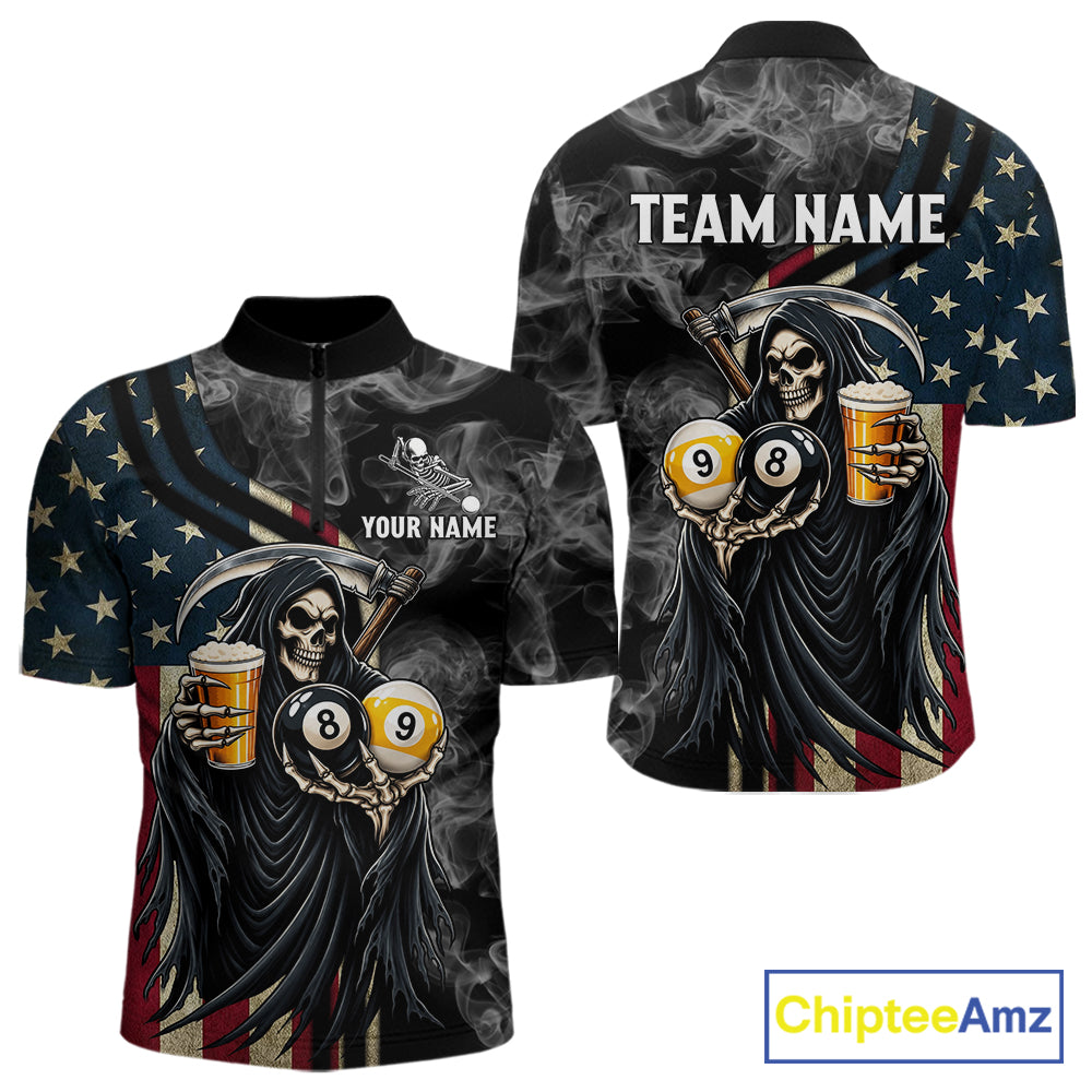 US Flag Grim Reaper Smoke Beer Billiard Shirt For Men Custom 8 Ball & 9 Ball Pool Team Jersey TDM7988