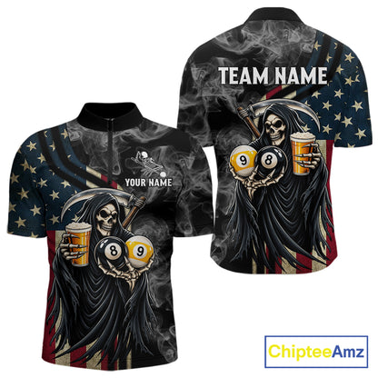 US Flag Grim Reaper Smoke Beer Billiard Shirt For Men Custom 8 Ball & 9 Ball Pool Team Jersey TDM7988