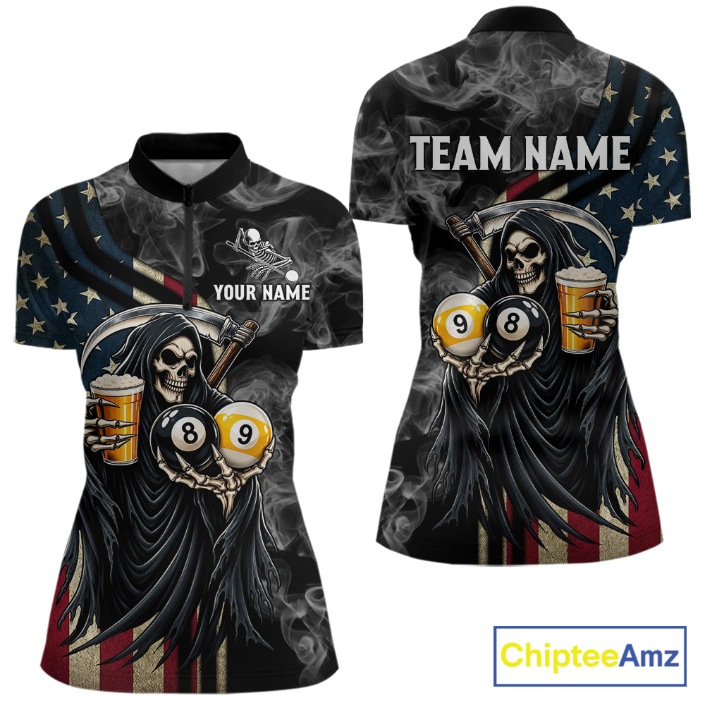 US Flag Grim Reaper Smoke Beer Billiard Shirt For Women Custom 8 Ball & 9 Ball Pool Team Jersey TDM7988