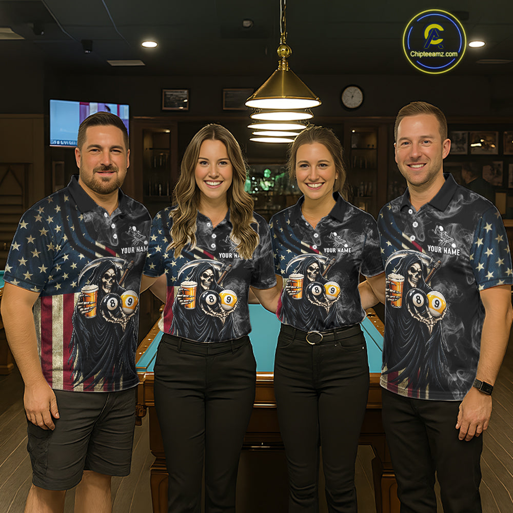 US Flag Grim Reaper Smoke Beer Billiard Shirt For Women Custom 8 Ball & 9 Ball Pool Team Jersey TDM7988