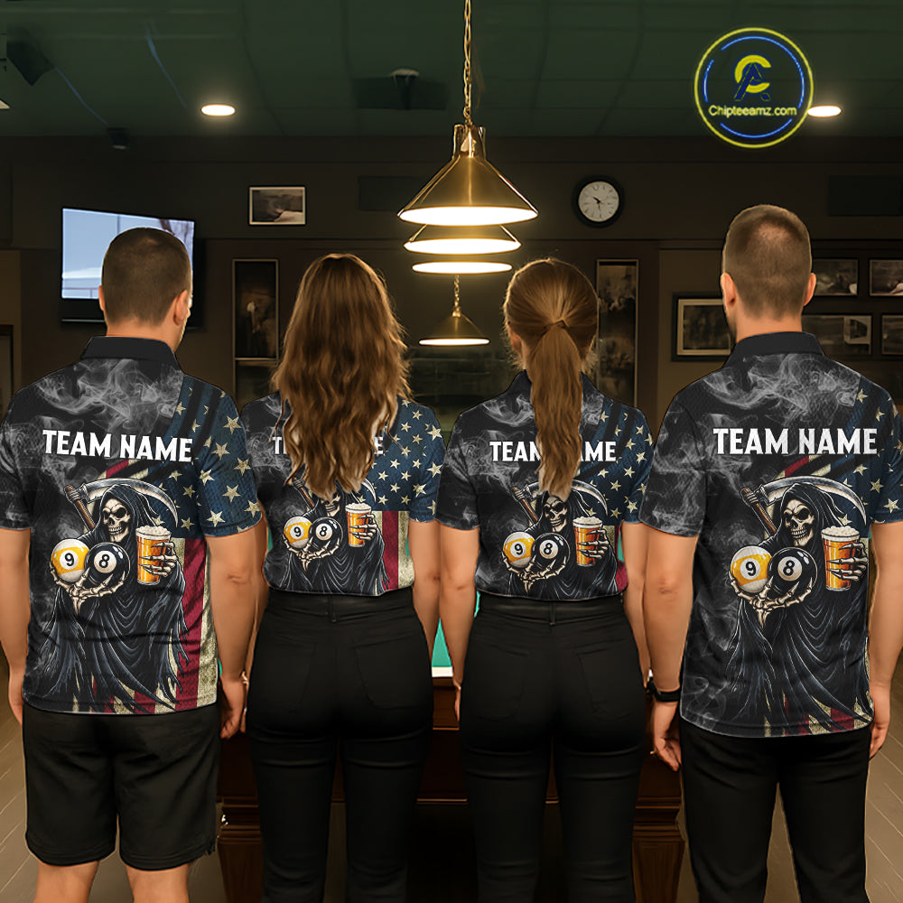 US Flag Grim Reaper Smoke Beer Billiard Shirt For Women Custom 8 Ball & 9 Ball Pool Team Jersey TDM7988