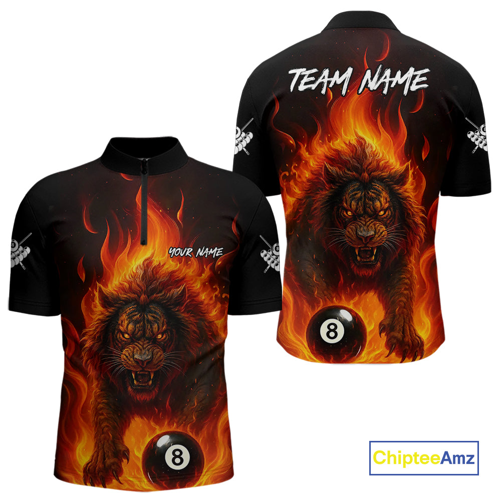 Orange Flaming Lion 8 Ball Billiard Shirts For Men Custom Fire Billiard Team Jersey Polo & 1/4 Zip TDM5305