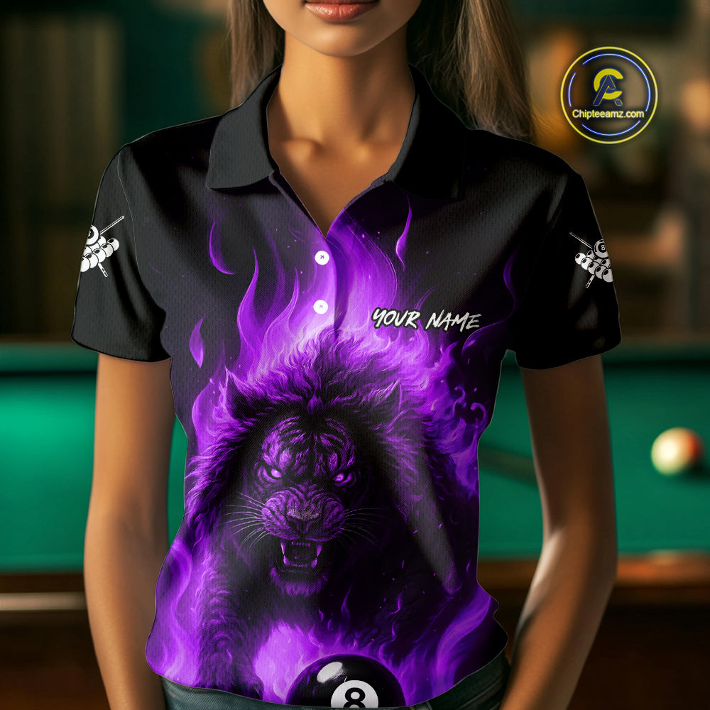 Purple Flaming Lion 8 Ball Billiard Shirts For Women Custom Fire Billiard Team Jersey Polo & 1/4 Zip TDM5307