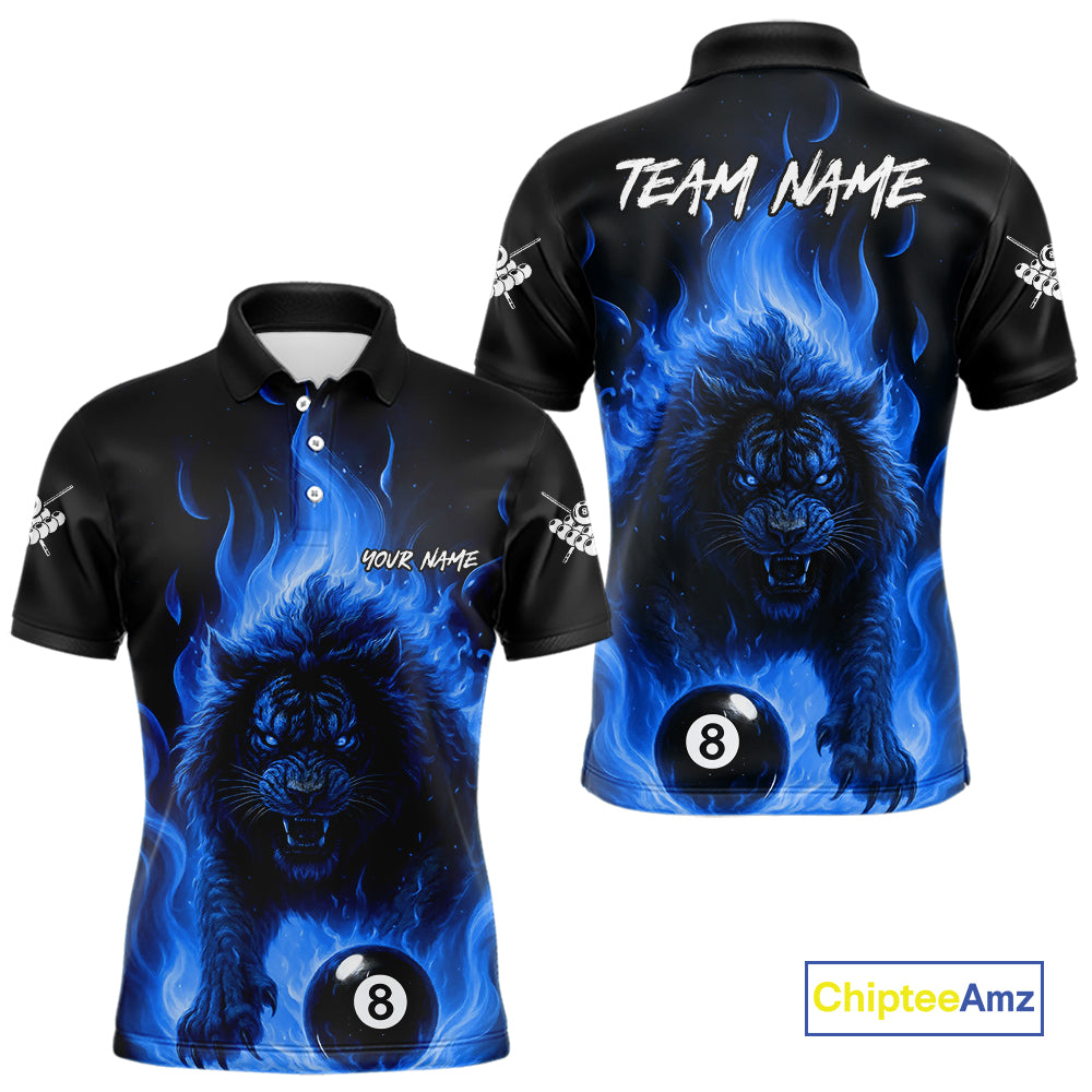 Blue Flaming Lion 8 Ball Billiard Shirts For Men Custom Fire Billiard Team Jersey Polo & 1/4 Zip TDM5306
