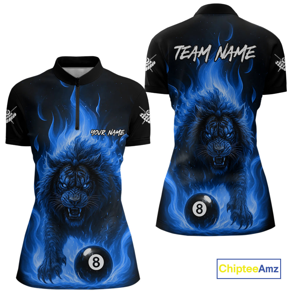 Blue Flaming Lion 8 Ball Billiard Shirts For Women Custom Fire Billiard Team Jersey Polo & 1/4 Zip TDM5306