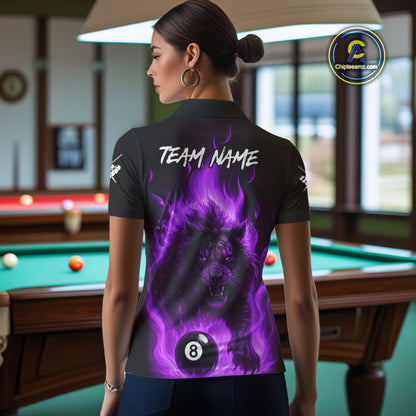 Purple Flaming Lion 8 Ball Billiard Shirts For Women Custom Fire Billiard Team Jersey Polo & 1/4 Zip TDM5307