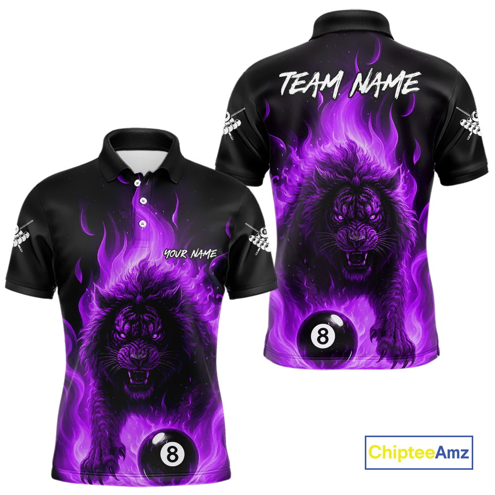 Purple Flaming Lion 8 Ball Billiard Shirts For Men Custom Fire Billiard Team Jersey Polo & 1/4 Zip TDM5307