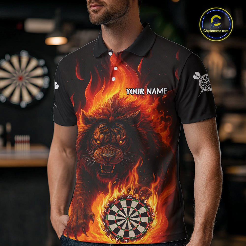 Orange Flaming Lion Darts Shirts For Men Custom Fire Darts League Jersey Team Polo & 1/4 Zip TDM5308