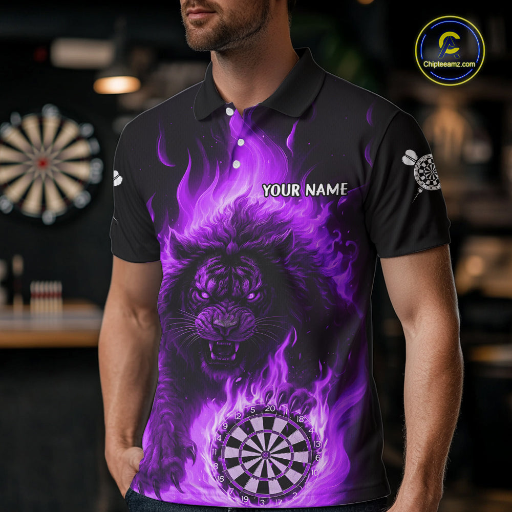 Purple Flaming Lion Darts Shirts For Men Custom Fire Darts League Jersey Team Polo & 1/4 Zip TDM5310