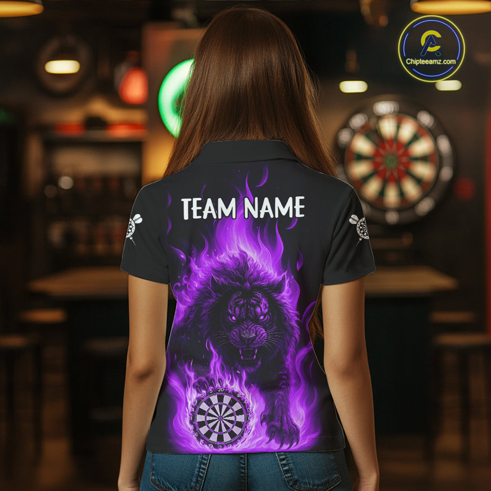 Purple Flaming Lion Darts Shirts For Women Custom Fire Darts League Jersey Team Polo & 1/4 Zip TDM5310