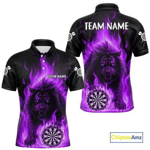 Purple Flaming Lion Darts Shirts For Men Custom Fire Darts League Jersey Team Polo & 1/4 Zip TDM5310