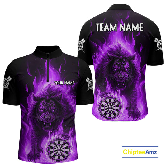 Purple Flaming Lion Darts Shirts For Men Custom Fire Darts League Jersey Team Polo & 1/4 Zip TDM5310