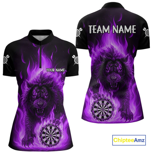 Purple Flaming Lion Darts Shirts For Women Custom Fire Darts League Jersey Team Polo & 1/4 Zip TDM5310