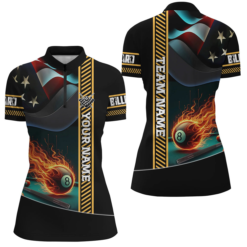 Custom US Flag Flame 8 Ball Pool Women Quarter-Zip Shirts, Patriotic Billiard Attire Jerseys TDM1139