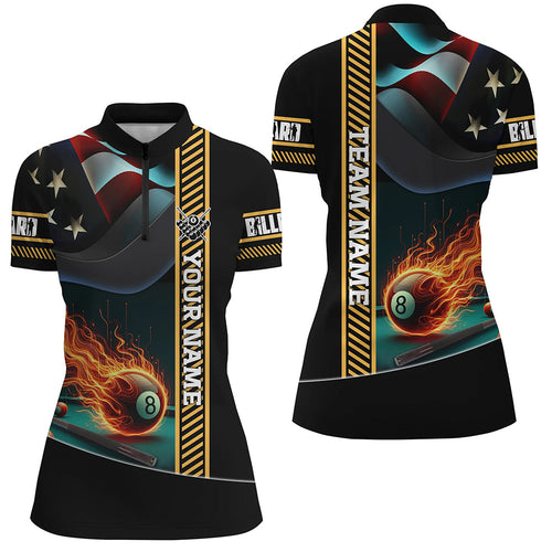 Custom US Flag Flame 8 Ball Pool Women Quarter-Zip Shirts, Patriotic Billiard Attire Jerseys TDM1139