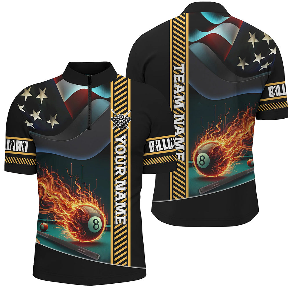 Custom US Flag Flame 8 Ball Pool Men Quarter-Zip Shirts, Patriotic Billiard Attire Jerseys TDM1139