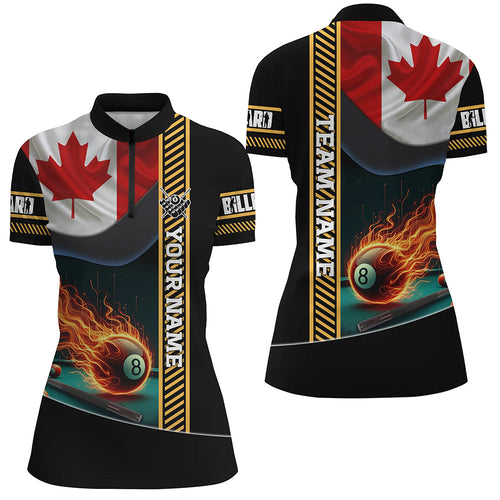 Customized Canada Flag Flame 8 Ball Pool Women Quarter-Zip Shirt, Patriotic Billiard Jerseys TDM1140