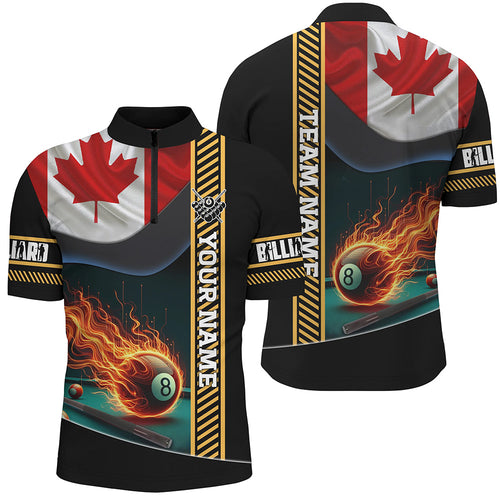 Customized Canada Flag Flame 8 Ball Pool Men Quarter-Zip Shirt, Patriotic Billiard Jerseys TDM1140