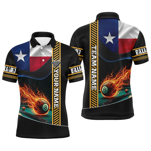 Personalized Texas Flag Flaming 8 Ball Pool Men Polo Shirts, Patriotic Billiard Attire Jerseys TDM1141