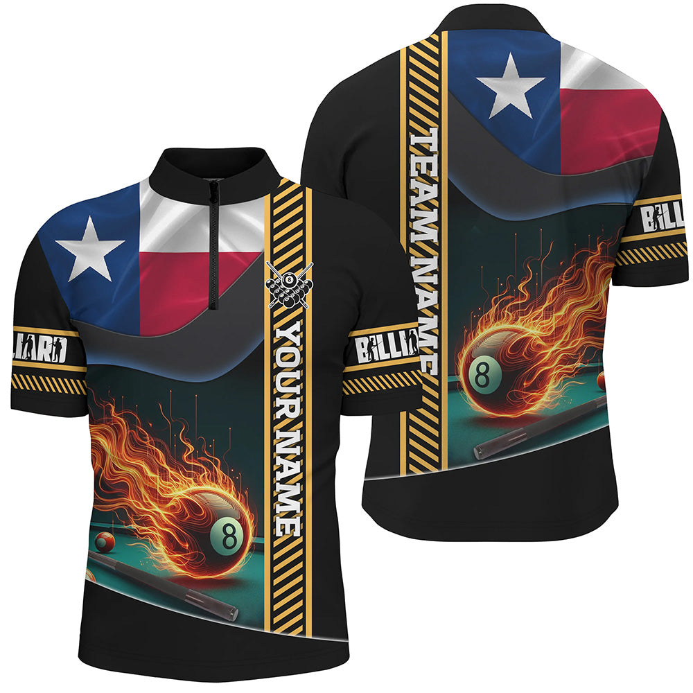 Customized Texas Flag Flame 8 Ball Pool Men Quarter-Zip Shirt, Patriotic Billiard Jerseys TDM1141