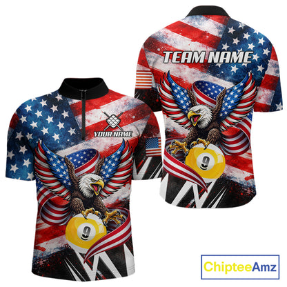 Custom American Flag Eagle Billiard Shirt For Men, Patriotic 9 Ball Pool Team Jersey Polo, 1/4 Zip TDM6182