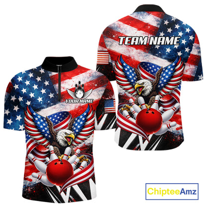 Custom American Flag Eagle Bowling Jersey For Men, Patriotic Bowling Team Shirt Polo & 1/4 Zip TDM6183