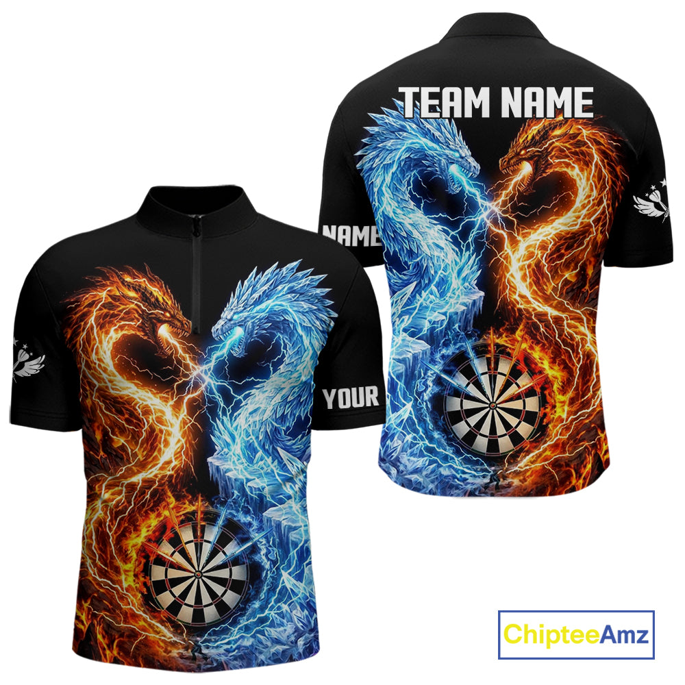 Personalized Fire And Icy Dragon Darts Shirt For Men, Lightning Darts Jersey Polo & 1/4 Zip TDM6184