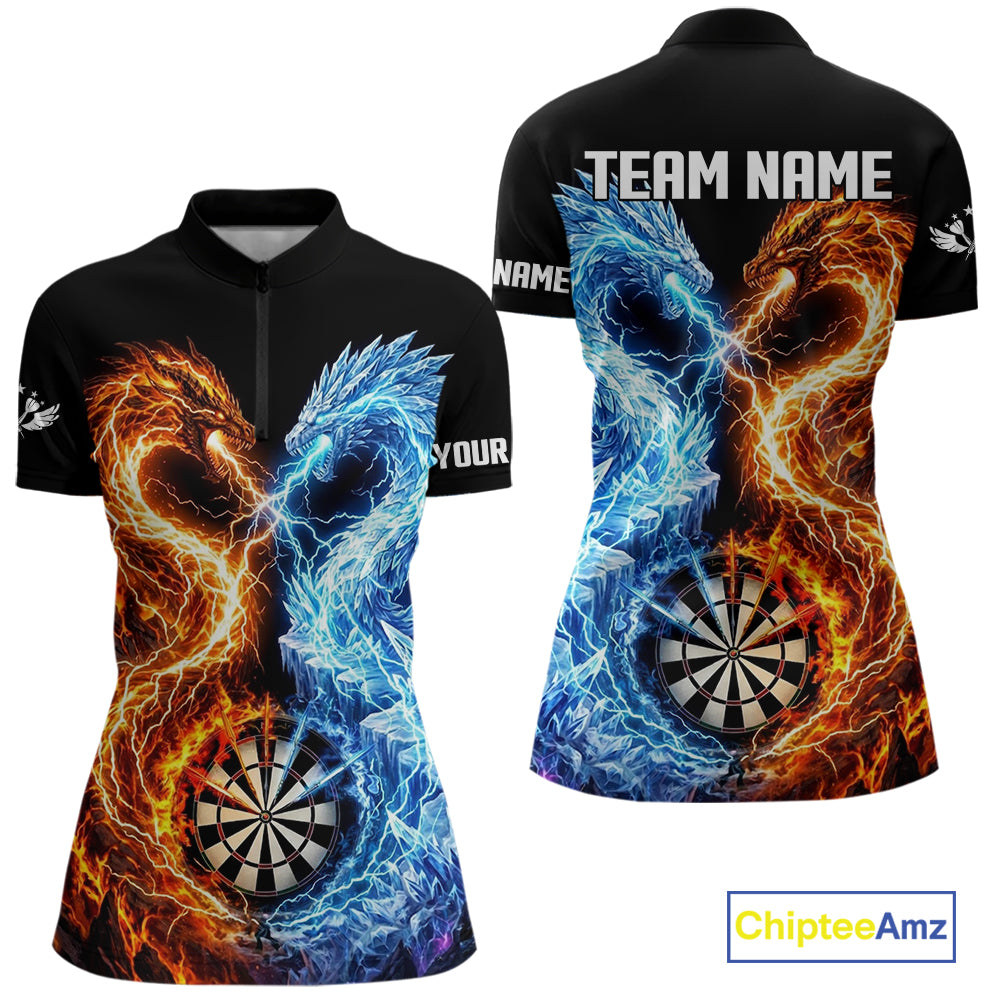 Personalized Fire And Icy Dragon Darts Shirt For Women, Lightning Darts Jersey Polo & 1/4 Zip TDM6184