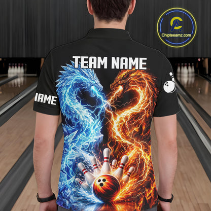 Personalized Fire And Icy Dragon Bowling Shirt For Men, Lightning Bowling Jersey Polo & 1/4 Zip TDM6185