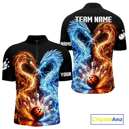 Personalized Fire And Icy Dragon Bowling Shirt For Men, Lightning Bowling Jersey Polo & 1/4 Zip TDM6185