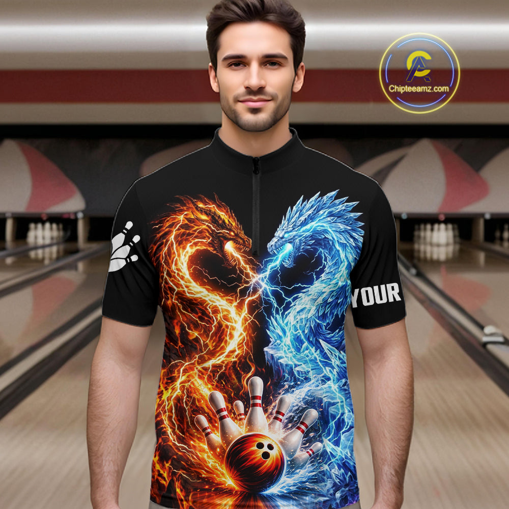 Personalized Fire And Icy Dragon Bowling Shirt For Men, Lightning Bowling Jersey Polo & 1/4 Zip TDM6185