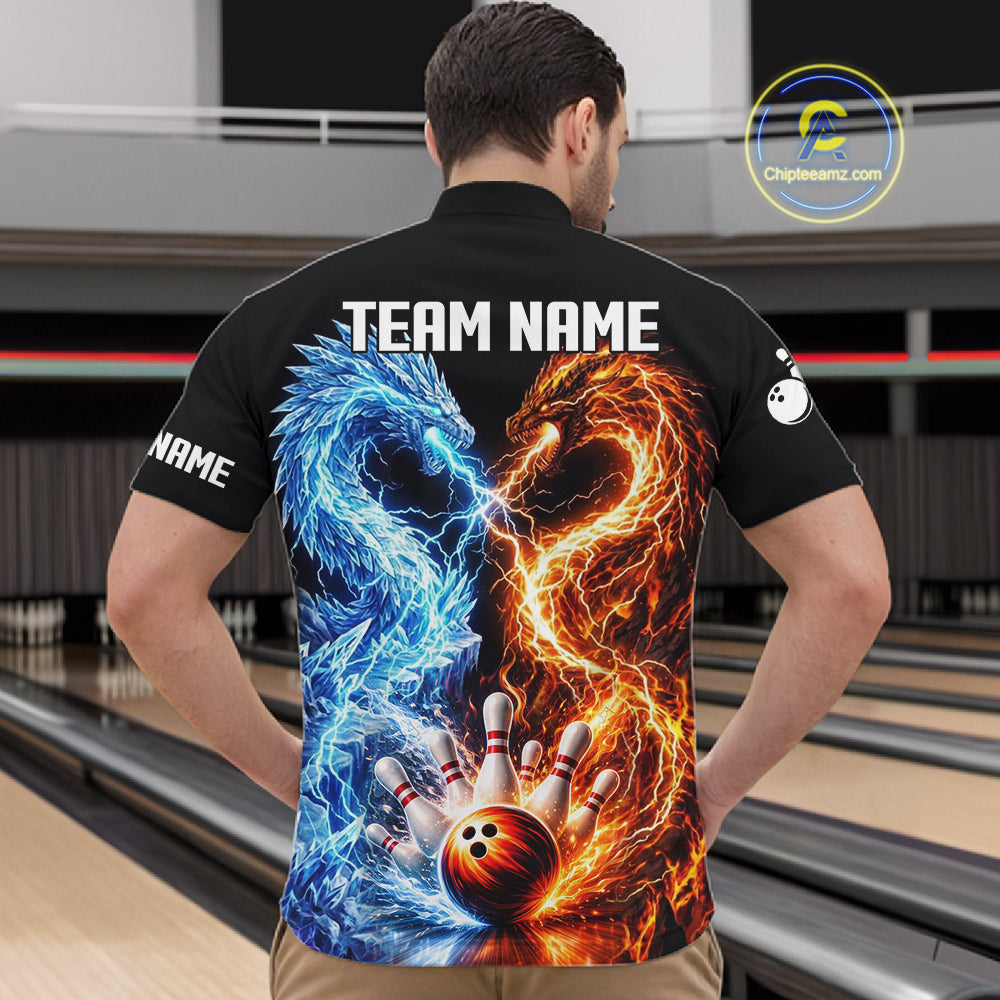 Personalized Fire And Icy Dragon Bowling Shirt For Men, Lightning Bowling Jersey Polo & 1/4 Zip TDM6185
