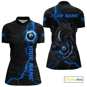 Black And Blue 8 Ball Thunder Lightning Custom Dragon Women's Billiard Shirts, Billiard Team Jerseys TDM4071