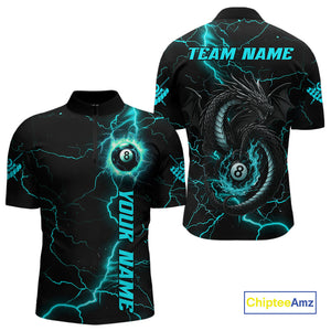 Black And Turquoise 8 Ball Lightning Custom Dragon Men's Billiard Shirts, Billiard Team Jerseys TDM4072