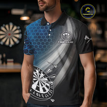 Load image into Gallery viewer, Custom Men&#39;s Dart Shirt – Black Blue Hexagon Design Darts Team Jersey | Polo &amp; Quarter Zip Uniform TDM4074